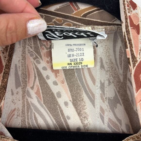 Vintage Teddi of California Blouse Scarf Collar Brown Art Print 80s Women's 10 - Picture 5 of 7